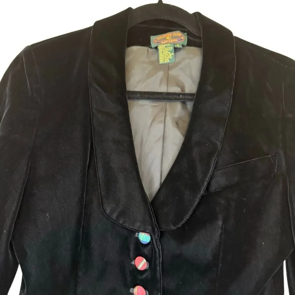Vintage Charter Club Black Velvet Classic Holiday Blazer W/Covered Buttons Size4